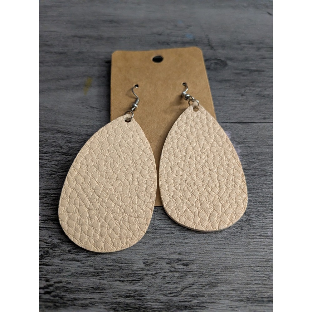Handmade Faux Leather Teardrop Earrings Cream Pebbled Textured Dangle